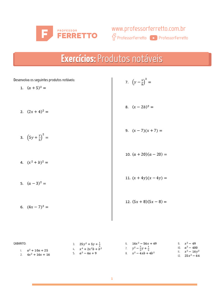 Exercícios de Produtos Notáveis | PDF