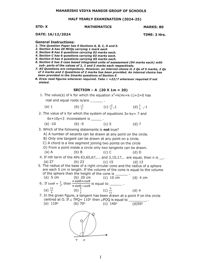 STD X Mathematics QP 16.12.2024 | PDF
