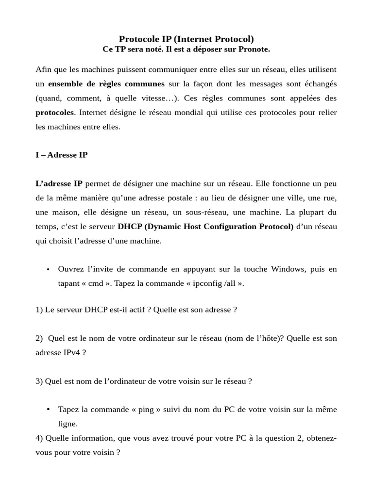 TP sur le Protocole IP | PDF | Système de noms de domaines ...