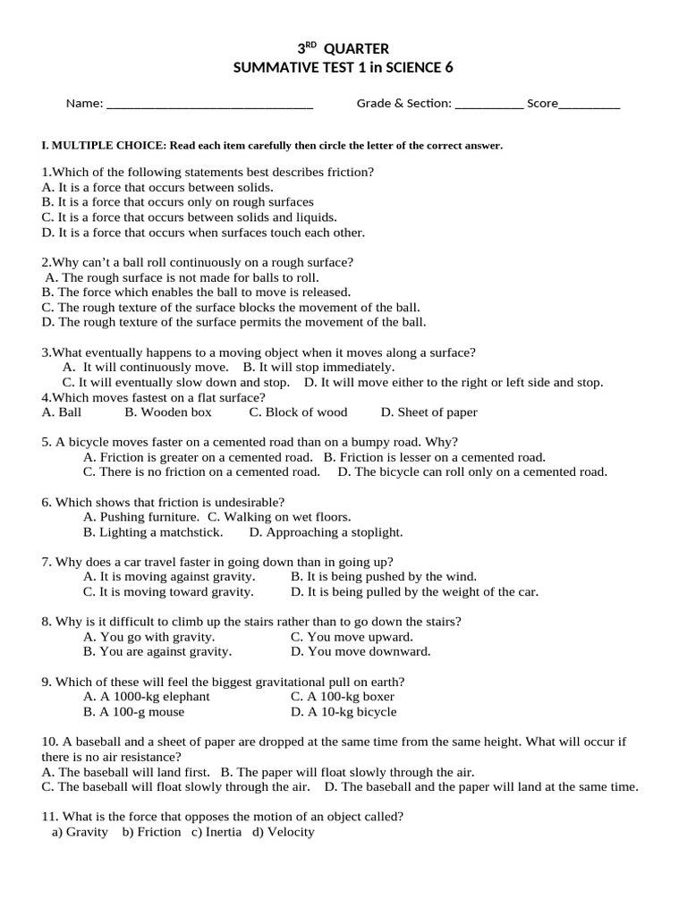 SCIENCE 6 - 3RD QUARTER 1ST SUMMATIVE TEST | PDF | Friction | Force