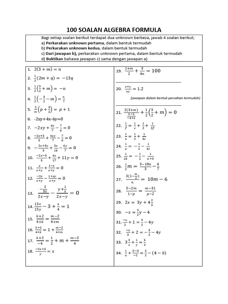 100 Soalan Algebra Jawapan PDF | PDF
