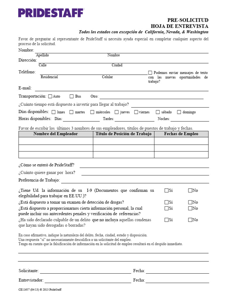 Pre-Application Interview Sheet - Spanish CE11657 | PDF