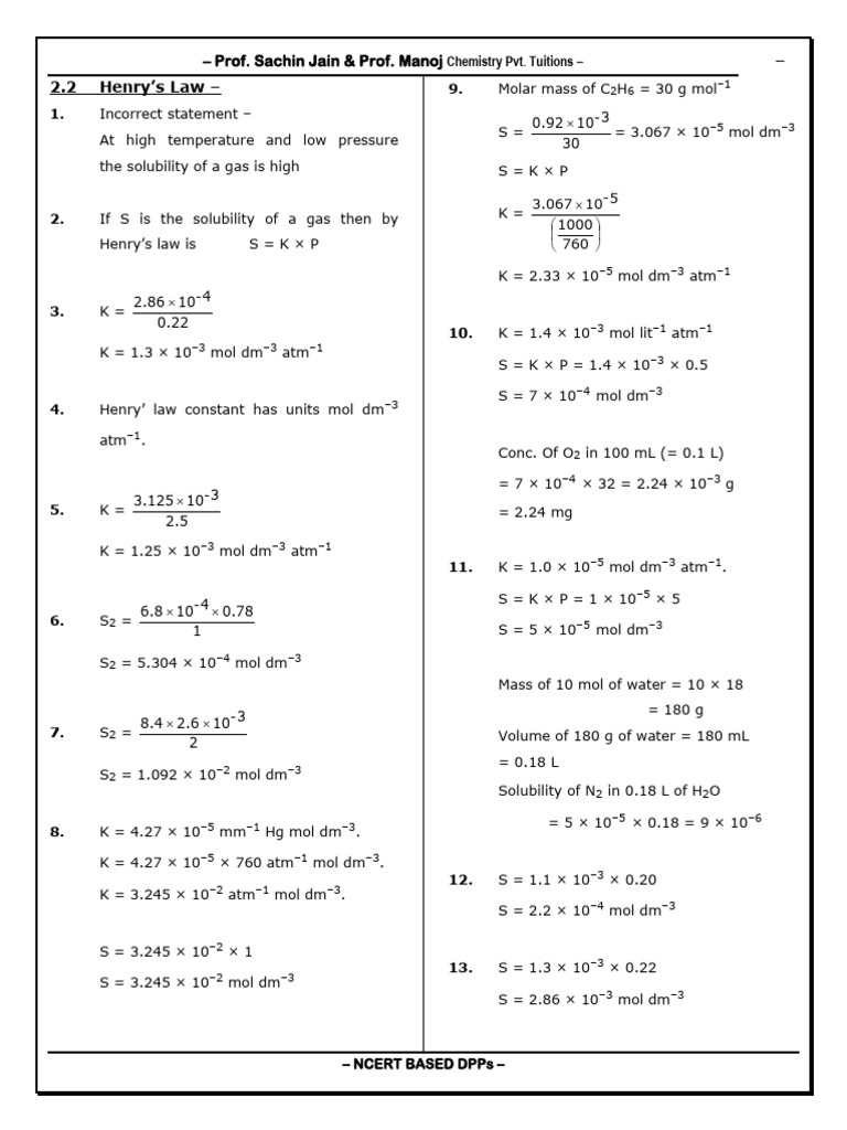 Henry's Law: Solubility Calculations | PDF | Solubility | Chemistry