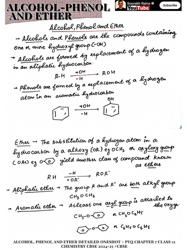 Alcohol Phenol and Ether Detailed One Shot Notes | PDF