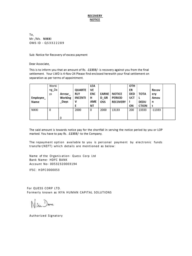 Recovery Notice for Excess Payment | PDF