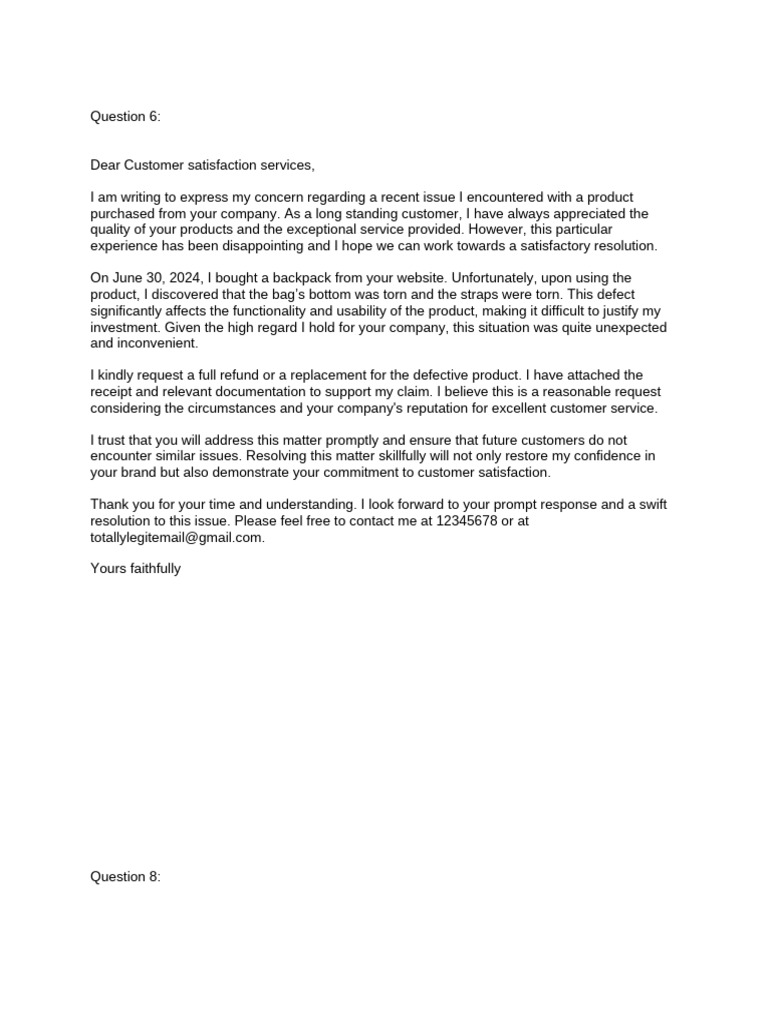 Complaint Letter (Question 6) | PDF | Safety | Risk