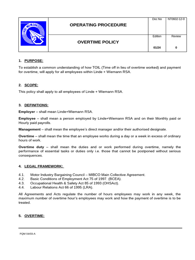 Linde Wiemann Overtime Policy Guide | PDF | Overtime | Employment