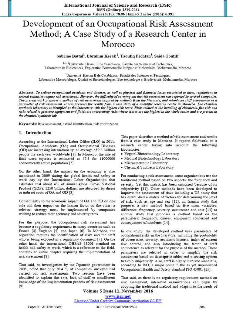 Occupational Risk Assessment Method in Moroccan Research Center | PDF ...