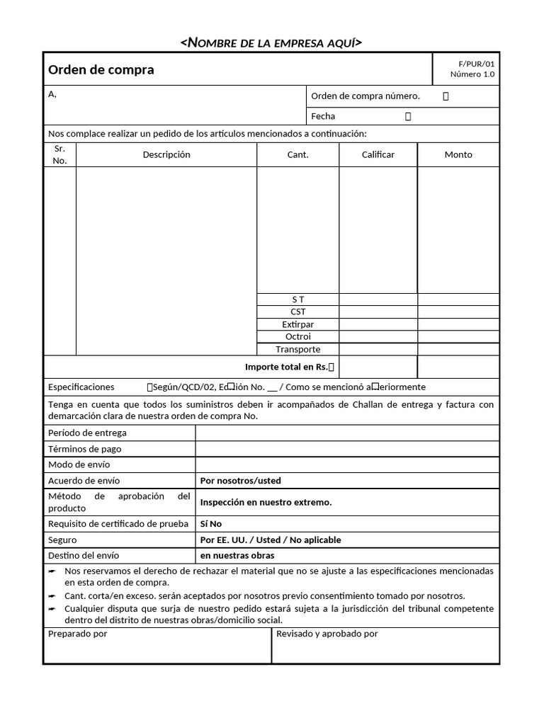 Orden de Compra: Especificaciones y Términos | PDF