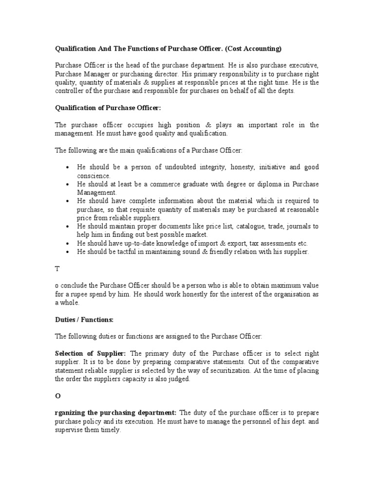 Qualification And The Functions Of Purchase Officer | Pdf | Expense |  Economics
