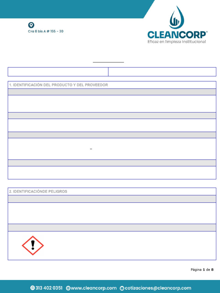 Ficha de Seguridad: Blanqueador Cleancorp | PDF | Agua | Toxicidad