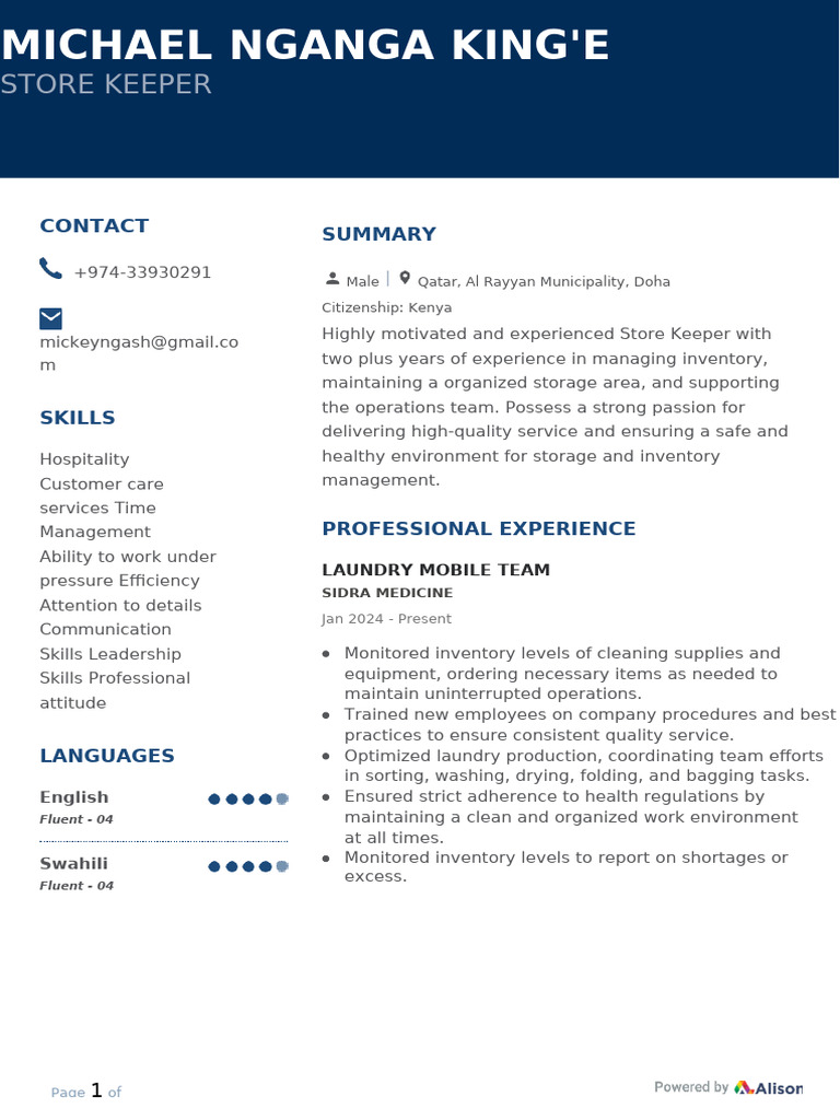 Experienced Store Keeper Profile | PDF | Business