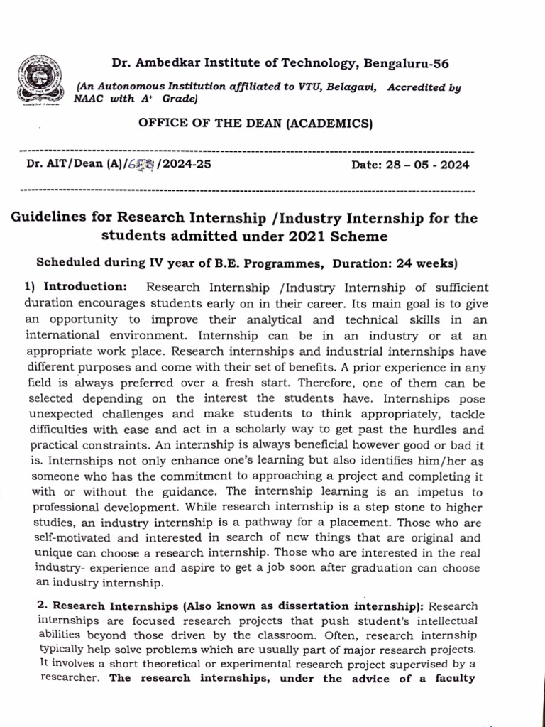 VTU 2021 Internship Guidelines | PDF | Internship | Job Hunting