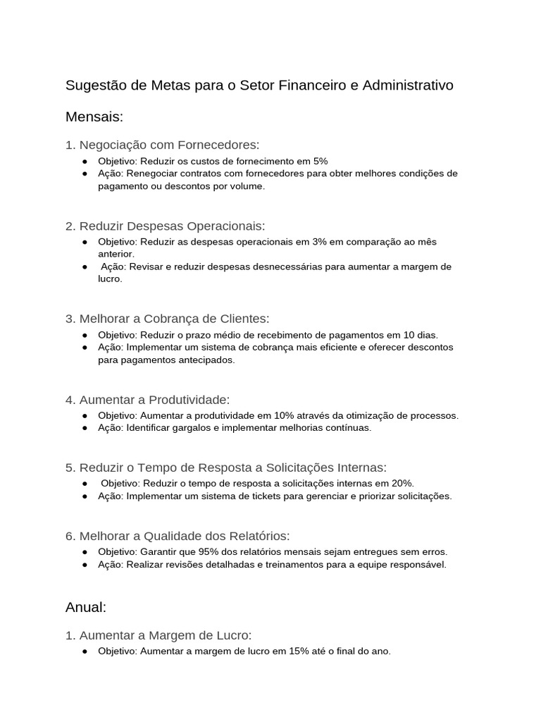 Metas Financeiras e Administrativas Eficazes | PDF