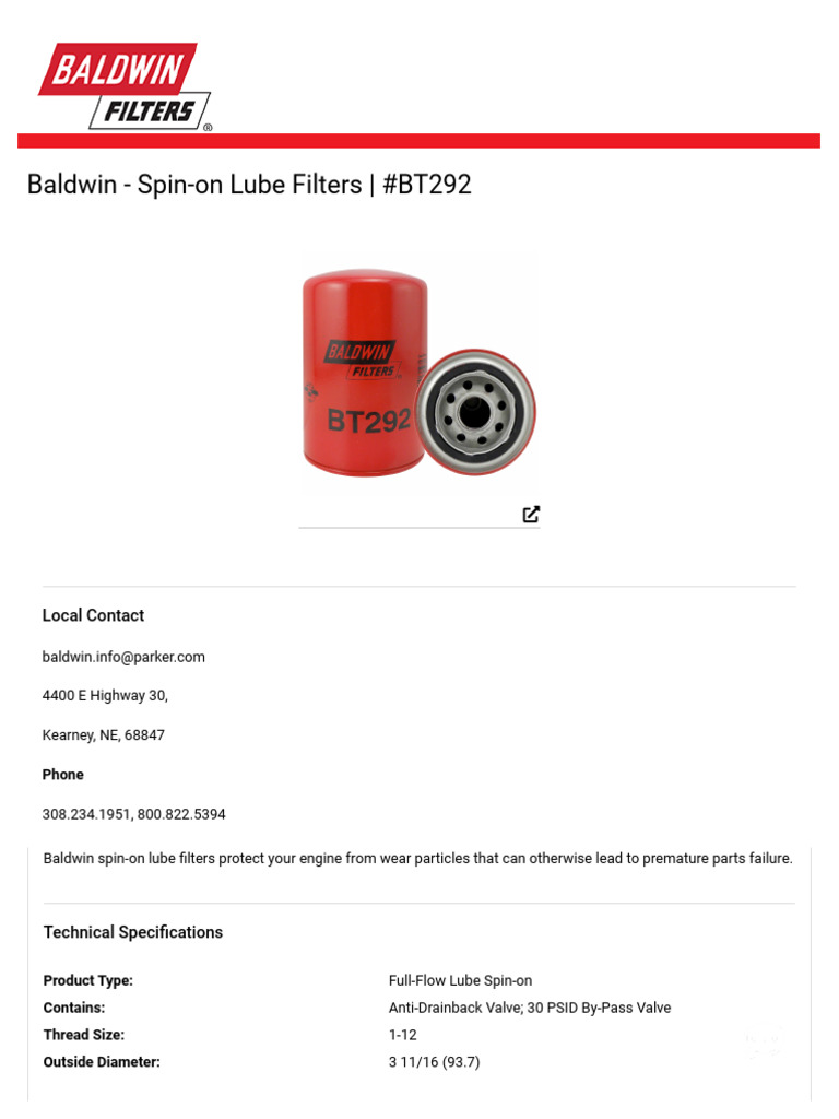 Baldwin BT292 Spin-on Lube Filter | PDF | Mechanical Engineering