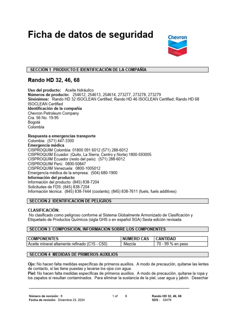 Aceite Hidráulico Rando HD 32 y 68 | PDF | Combustión | Solubilidad