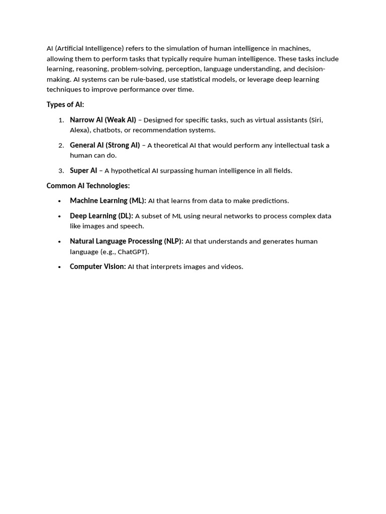 Understanding Types and Technologies of AI | PDF