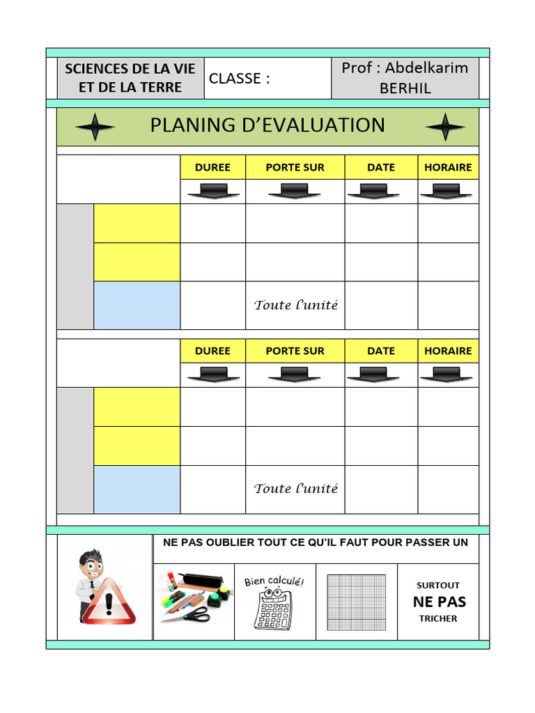 Planning d'évaluation SVT Classe 2023 | PDF