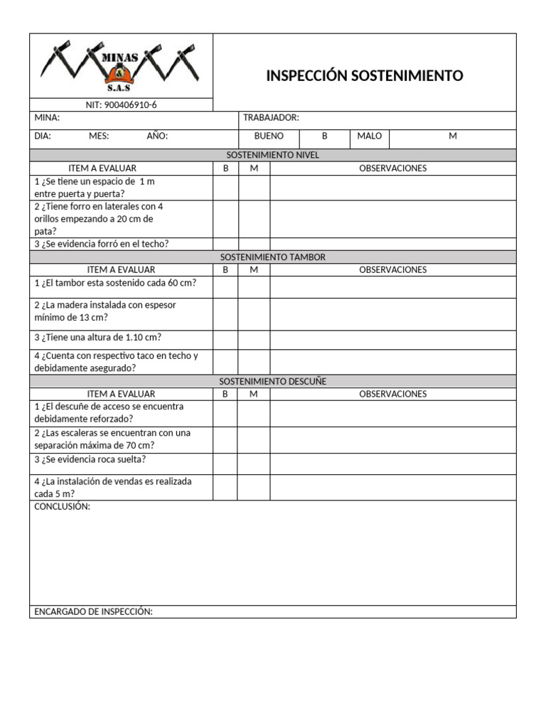 Inspección de Sostenimiento Minero | PDF