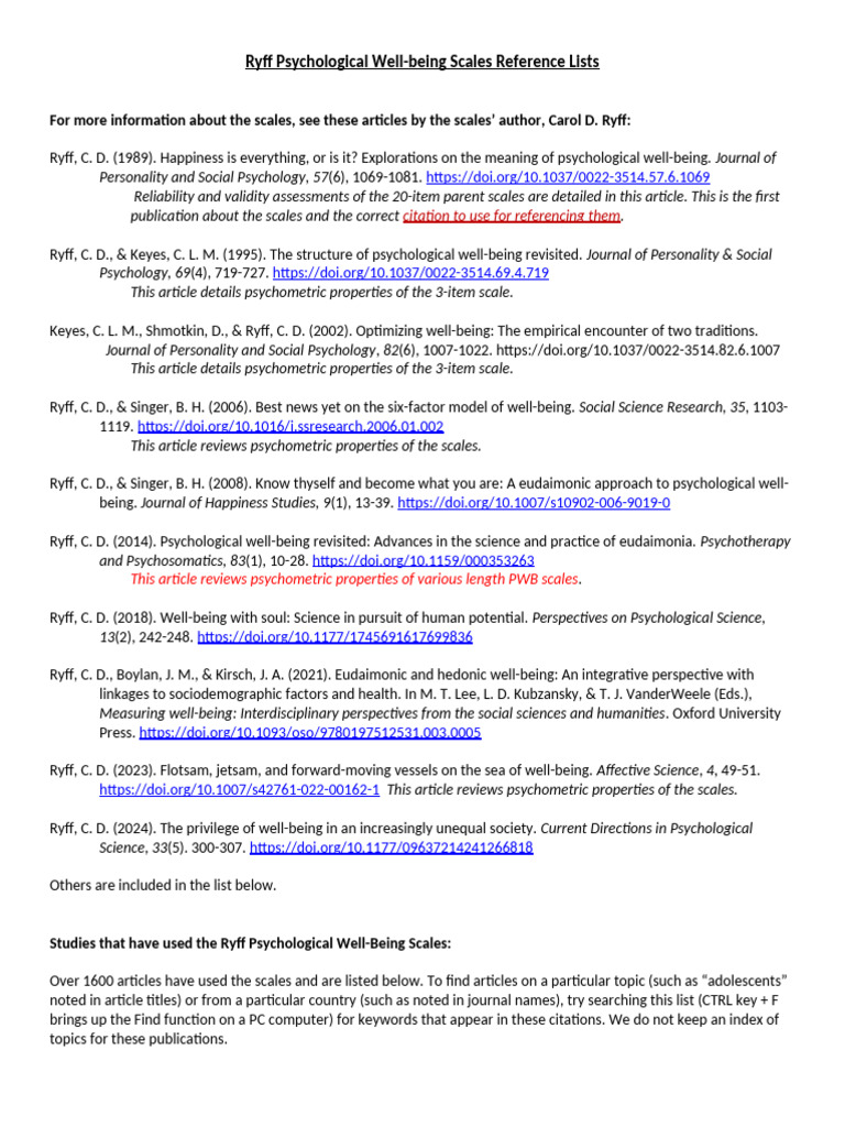2 - Ryff PWB Reference Lists | PDF | Psychology | Well Being