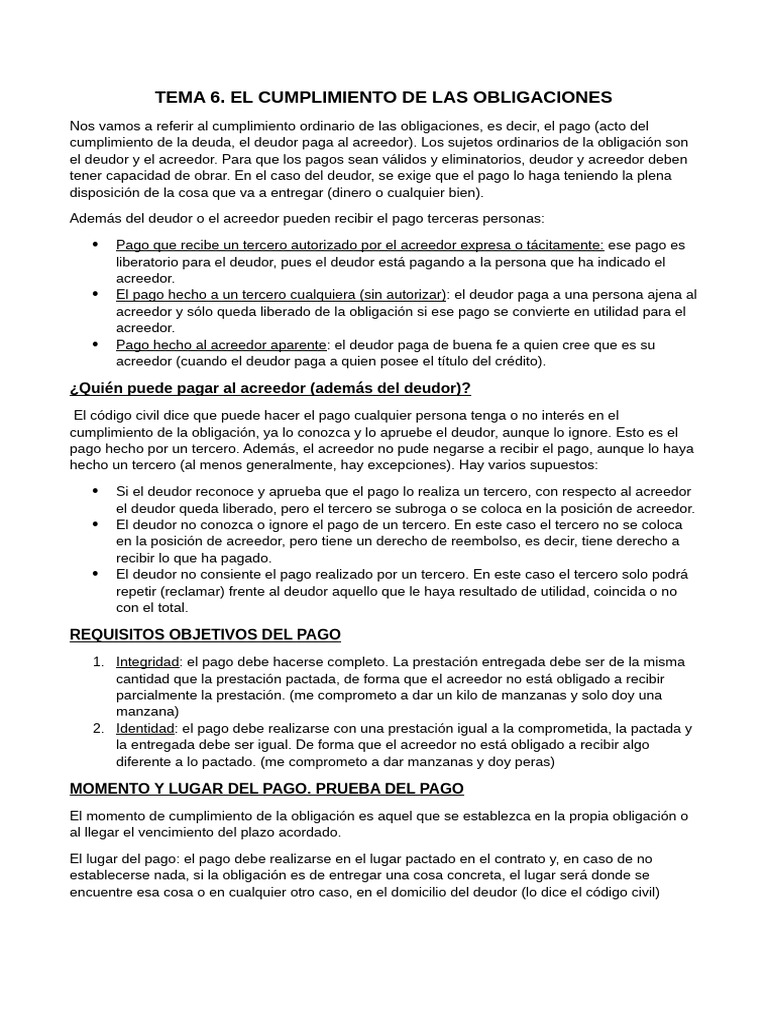 Tema 6 El Cumplimiento de Las Obligaciones | PDF | Pagos | Dinero