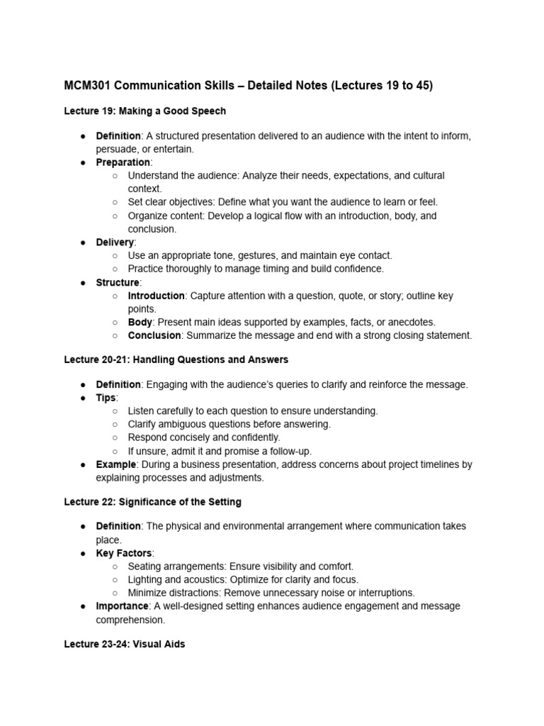 MCM301 Communication Skills - Detailed Notes (Lectures 19 To 45) | PDF ...