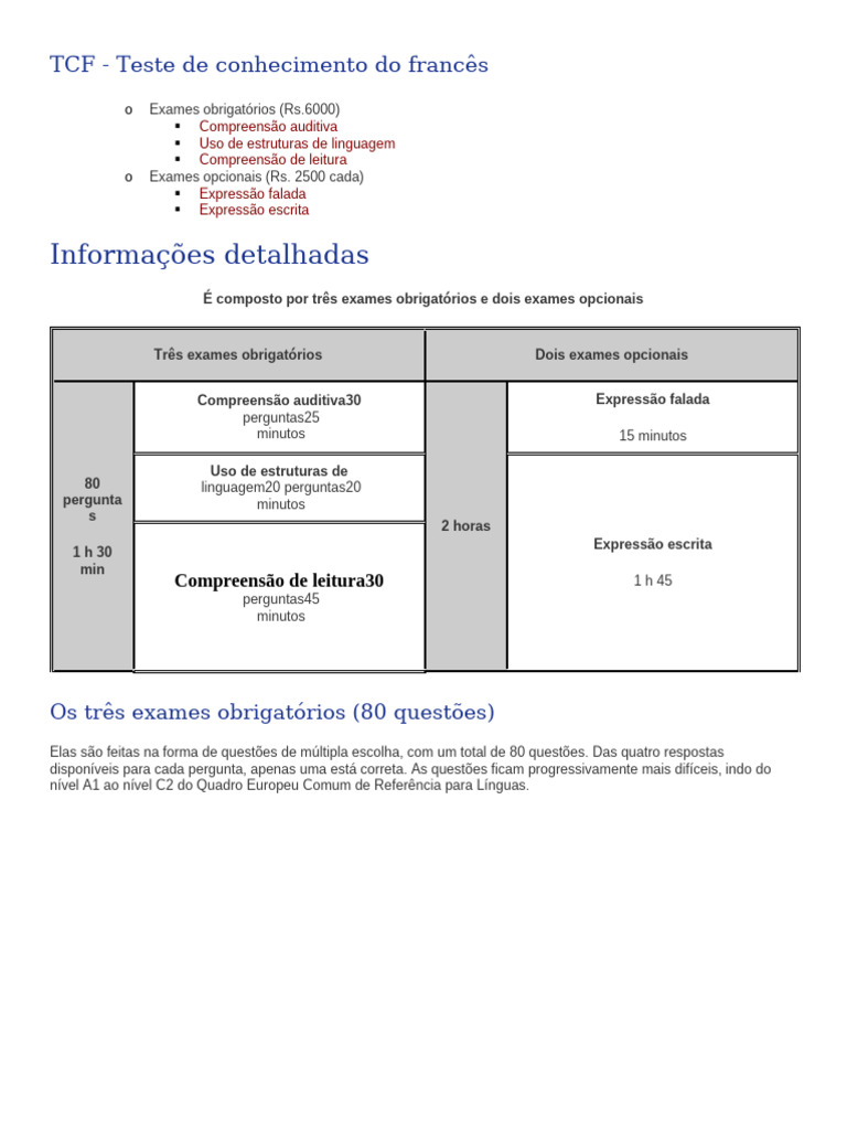 TCF: Exames de Francês Detalhados | PDF | Paris