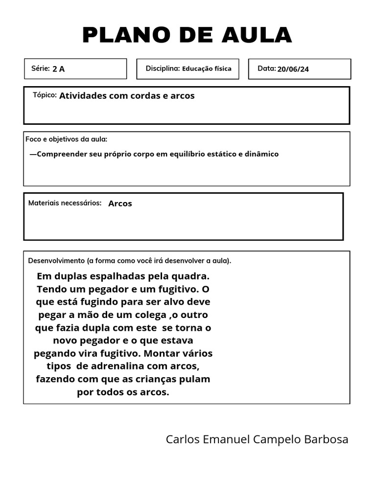 Em Branco Formato para Impressão Simples Plano de Aula | PDF
