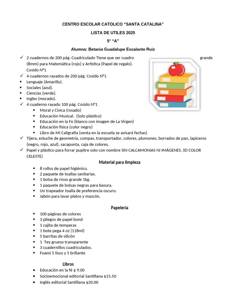 LISTA UTILES 5 Grado A Betania Escalante | PDF