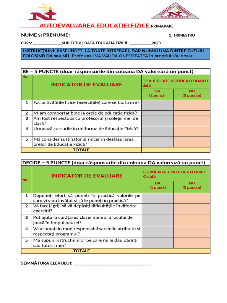 Autoevaluare În Educația Fizică | PDF