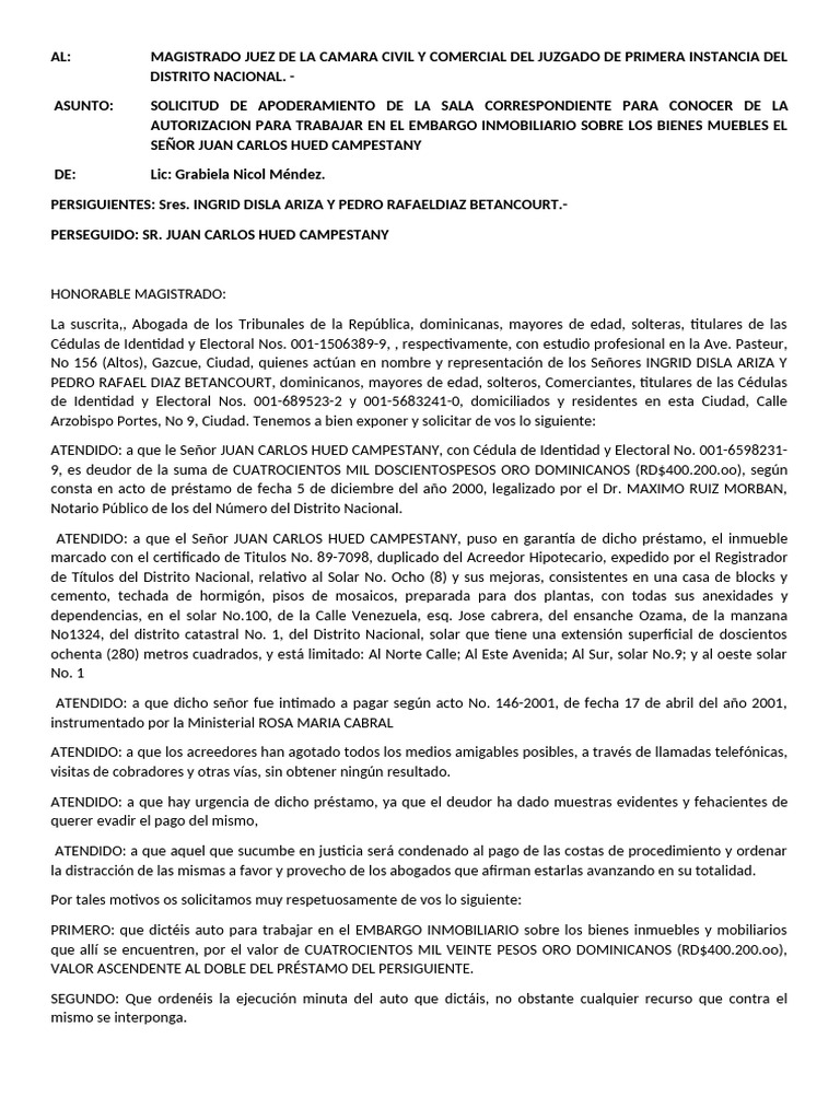 Solicitud de Embargo Inmobiliario RD$400,200 | PDF | Subasta ...