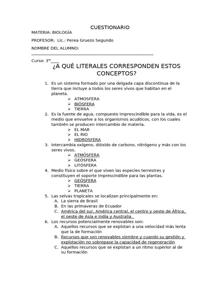 Cuestionario de Biología para 3ro | PDF | Entorno natural | Ecosistema