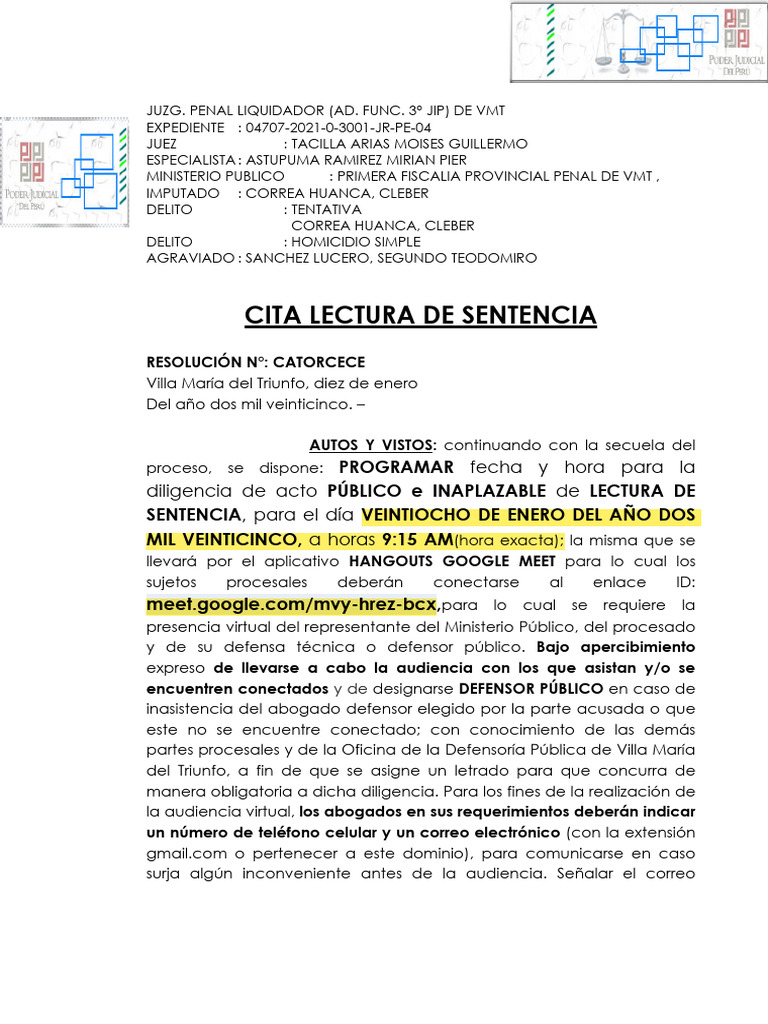 Lectura de Sentencia | PDF | Justicia | Crimen y violencia