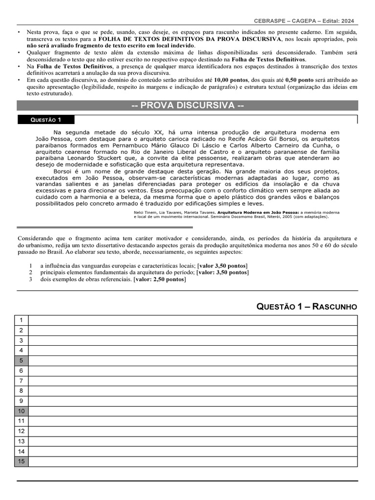 Prova Dissertativa CEBRASPE 2024: Arquitetura | PDF