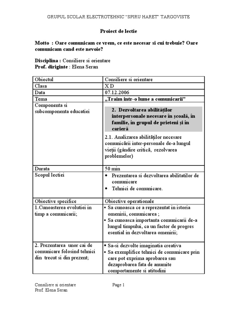 Proiect Dirigentie Si Scenariul Lectiei 2006