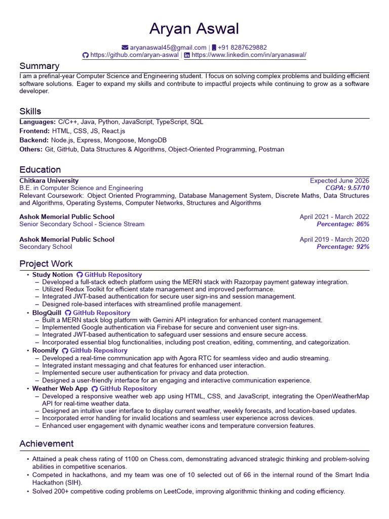 Aryan Aswal Resume | PDF | Java Script | Mobile App