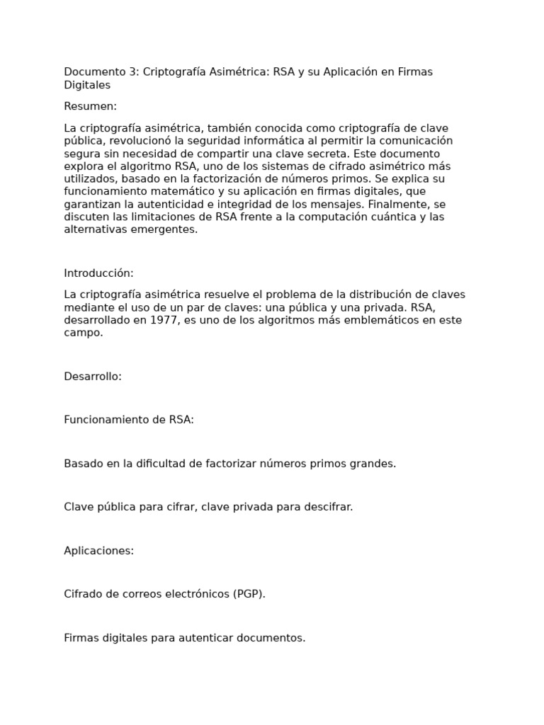 Criptografía Asimétrica RSA y su Aplicación en F | PDF