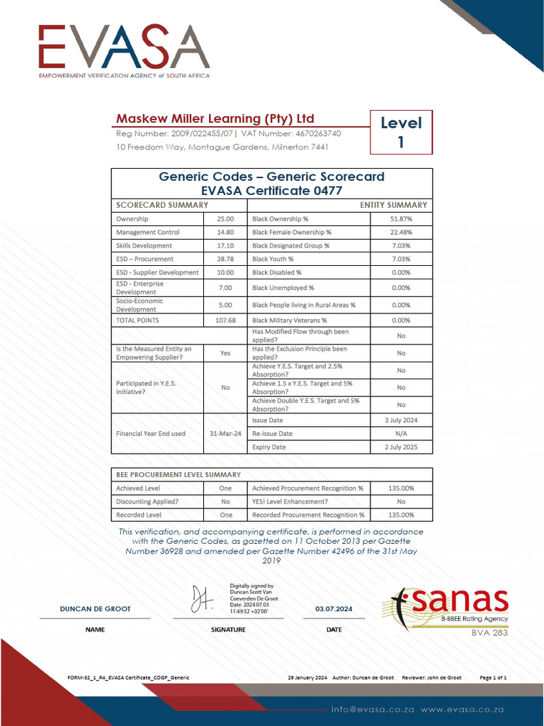 Maskew Miller Learning BEE Certificate 3 July 2024 | PDF