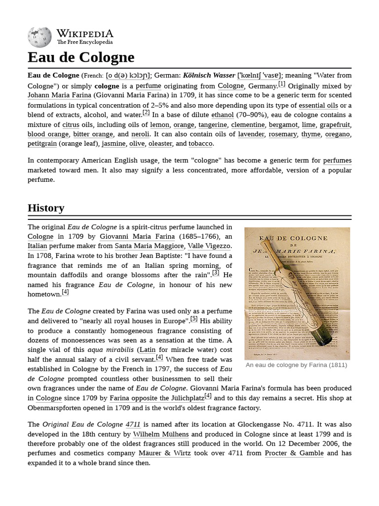 History and Essence of Eau de Cologne | PDF | Perfumery | Perfume