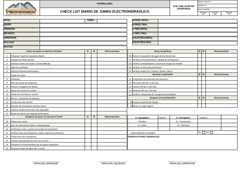 Formato de Check List de Jumbo Electrohidraulico | PDF