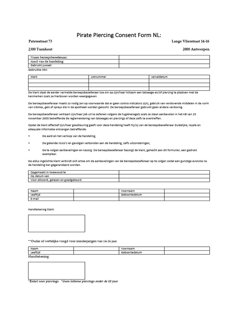 Pirate Piercing Consent Form NL Digital | PDF