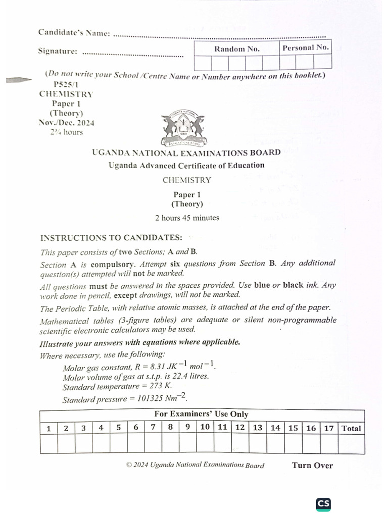 Uneb Uace Chem P1 2024 Pdf