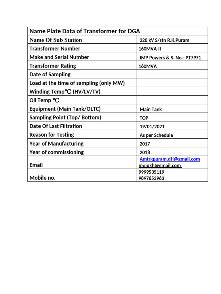 Transformer DGA Data for 220 kV Substation | PDF