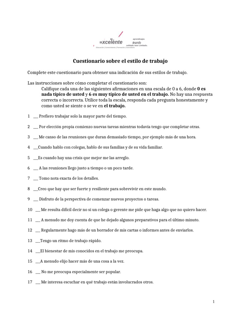 Cuestionario de Estilos de Trabajo 360 | PDF | Cuestionario ...