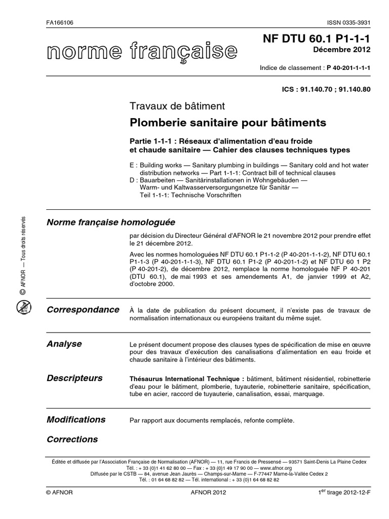 Plomberie sanitaire : DTU 60.1 P1-1-1 | PDF | Code de la construction ...