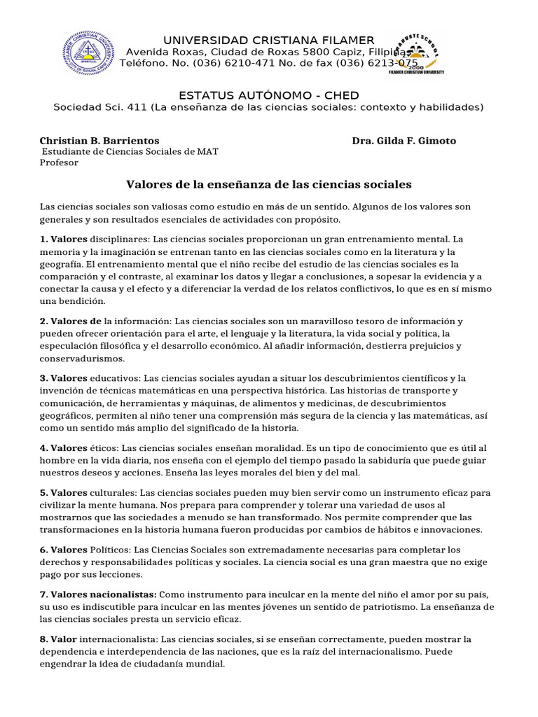 Valores en la Enseñanza de Ciencias Sociales | PDF | Aprendizaje | Plan ...