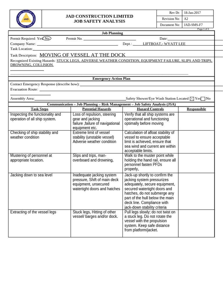 Job Safety Analysis for Vessel Movement | PDF | Ships | Hazards