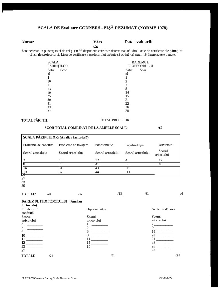Scala de Evaluare ADHD Connors | PDF