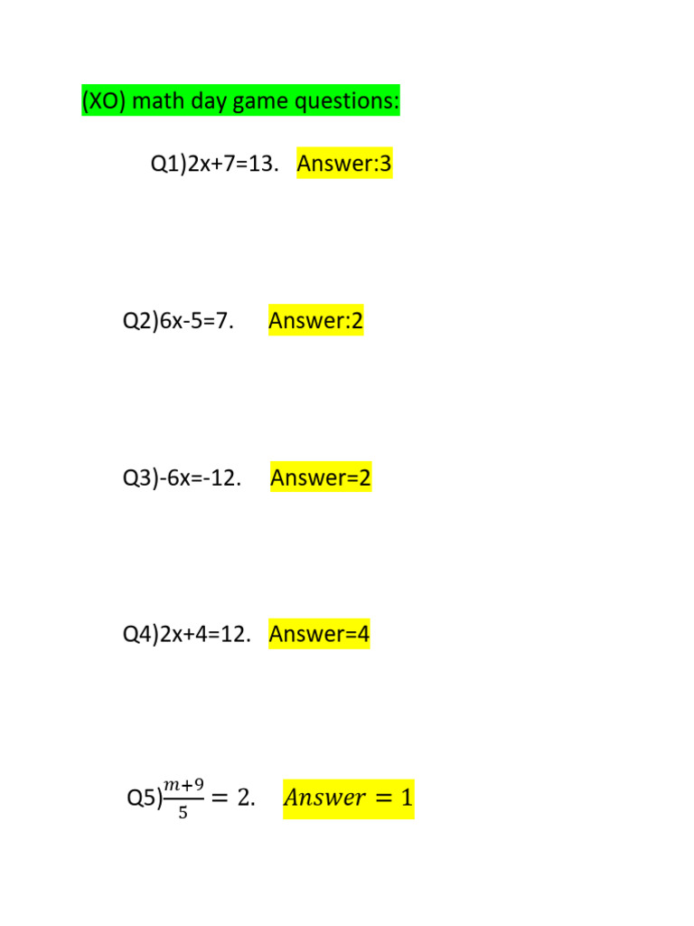 XO Math Game Answers | PDF