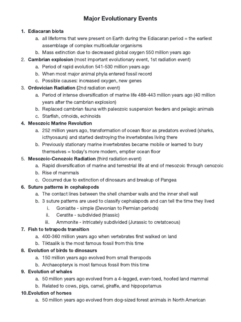 Major Evolutionary Events Overview | PDF | Paleontology